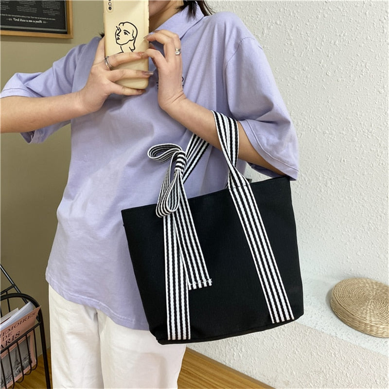 Realaiot Women Shoulder Bags Bow Tote Bag Ladies Designer Large Capacity Canvas Bag Striped Strap Ins Casual Cloth Bags 苤�邾郕訄 �迮郇�郕訄�