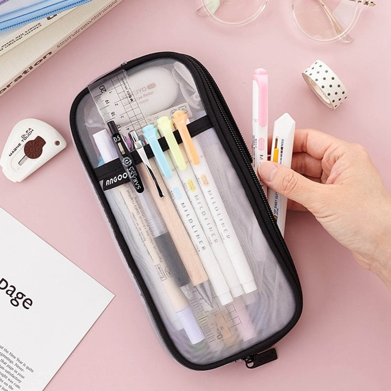 Realaiot Korean Fashion Transparent Pencil Case Pouches Simple Macaroon Large Capacity Pencil Bag Stationery Organizer Pencilcase Holder