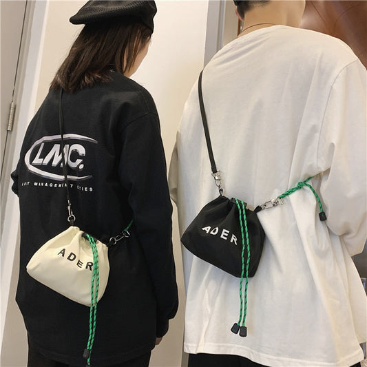 Realaiot Fashion Letter Printing Mini Crossbody Bag For Women Black White Canvas Couple Small Bag Bucket Handbag Drawstring Shoulder Bag