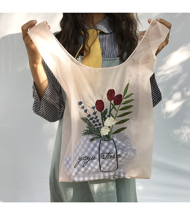 Realaiot Summer Women Transparent Tote Organza Yarn Cloth Beach Bag Embroidery Handbag High Quality Eco Clear Hand Bags Purse For Girls