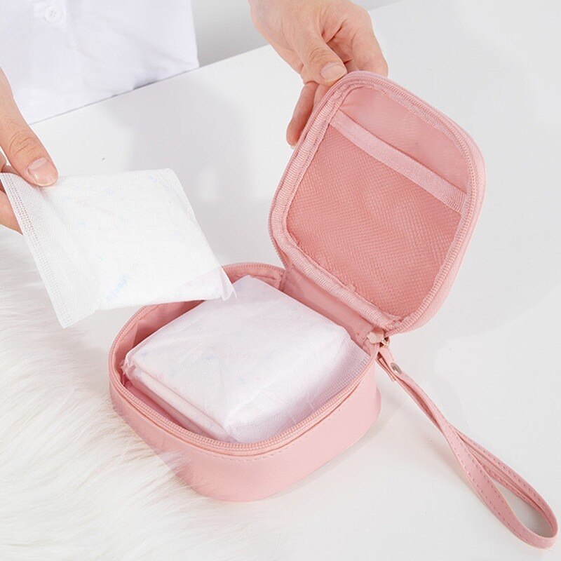 Realaiot Girls Sanitary Napkin Pad Pouch PU Leather Tampon Storage Bag Portable Makeup Lipstick Key Earphone Data Cables Travel Organizer