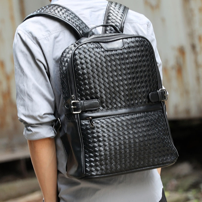 Realaiot Fashion PU Leather Woven Backpack for Men Luxury Business Laptop Bag Mens Backpack Zipper Travel High Capacity Backbag Male Bags