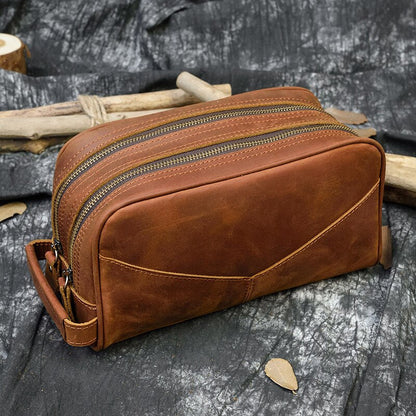 Realaiot Vintage Leather Storage Bag Clutch Bags Men Wash Bag Toiletry kits Crazy Horse Leather Men Clutches