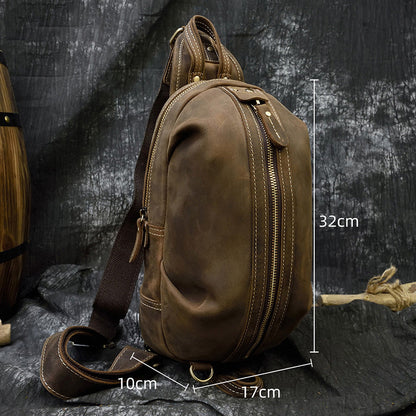 Realaiot Unique Men's Crazy Horse Leather Chest Bag Real Leather Cowhide iPad Mini Male Single Shoulder Back pack Crossbody Bags