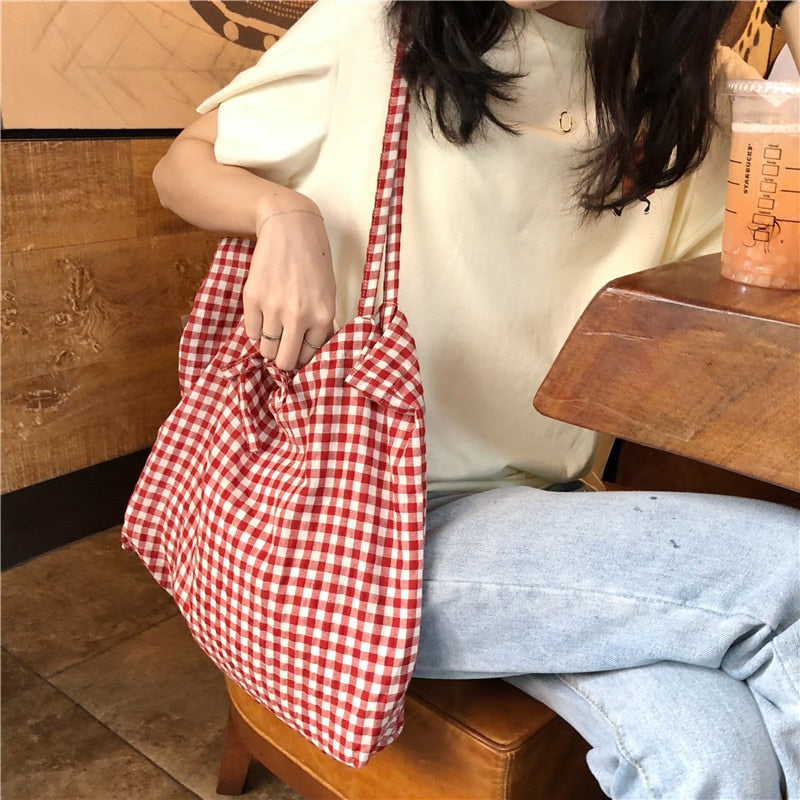 Realaiot Fashion Women's Canvas Tote Shoulder Large Shopping Bag Plaid Eco Large Capacity Ladies Purse Pouch Girls Student Book Handbags