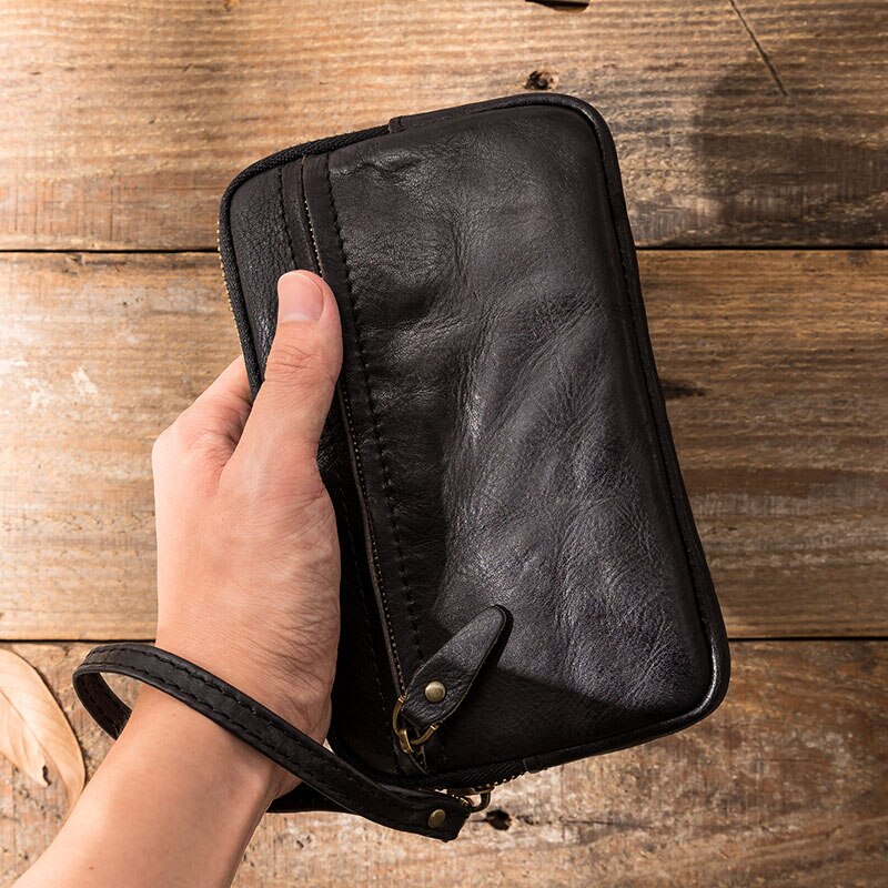 Cyflymder Men's leather wallet, handmade retro multifunctional cowhide zipper clutch, trendy personality clutch