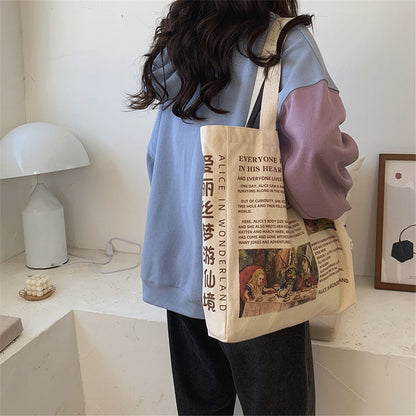 Realaiot 1Pc Women Canvas Shoulder Bag Alice In Wonderland Shopping Bags Students Book Bag Cotton Cloth Handbags Tote For Girls New