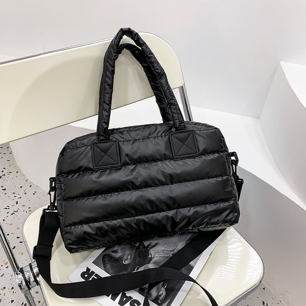 Realaiot Winter Down Bag Quilted Space Cotton Handbags For Women Large Capacity Tote Bags Female Wide Strap Feather Padded Crossbody