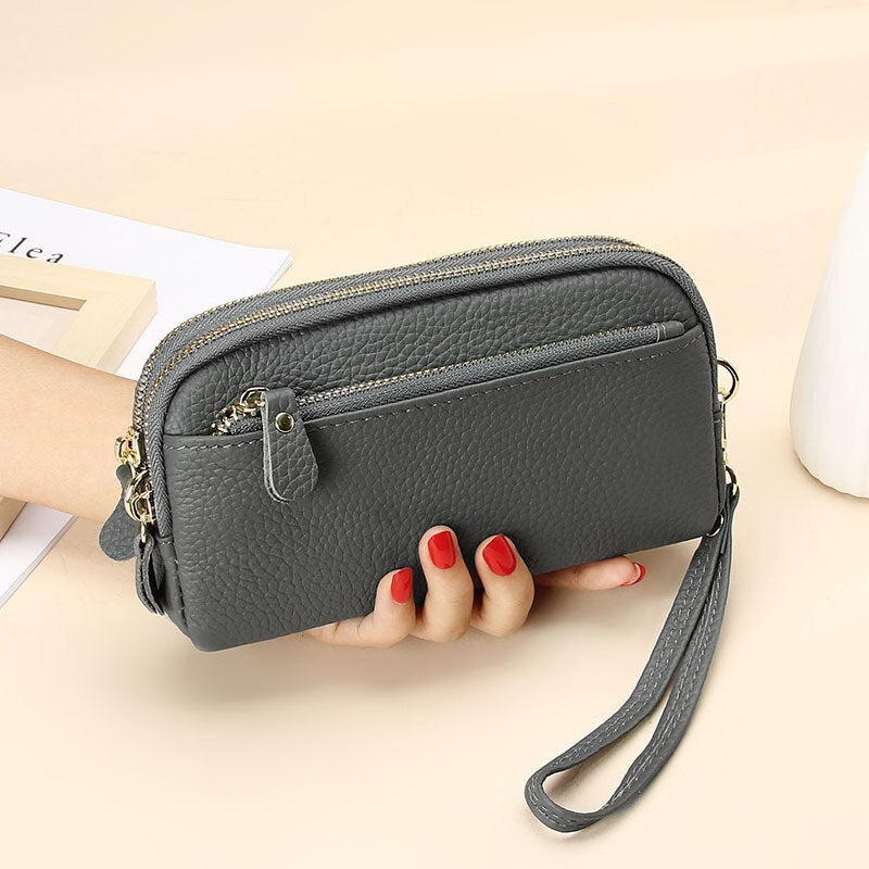 Realaiot Genuine Leather Women Double Zip Wallet New Ladies Clutch Purse Cowhide Wristlet Bag Coin Purse Fashion Mobile Phone Bags