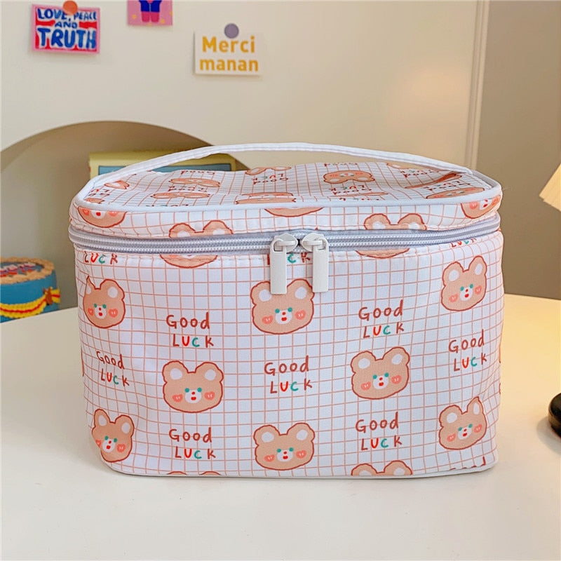 Cyflymder New Women Travel Cosmetic Makeup Bags Case Korean Bear Rabbit Plaid Toiletries Organizer Females Make up Storage Bag Pouch