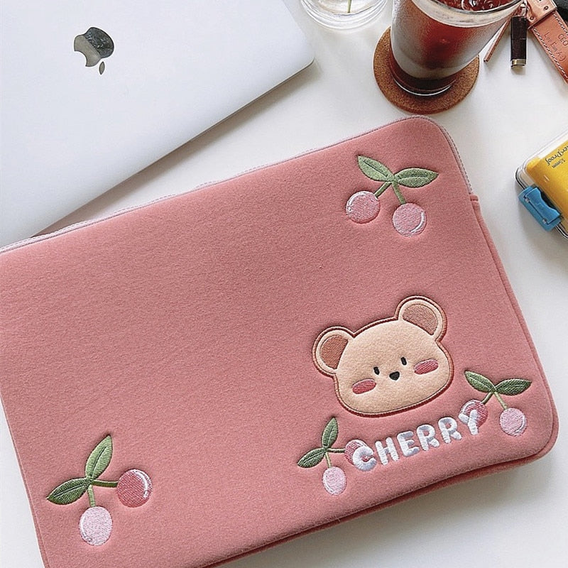 Realaiot Korean Cherry Bear Laptop Ipad Sleeve Bag Pouch For  Mac Ipad Pro 9.7 10.5 10.9 11 13 Inch Tablet Cover Case Inner Storage Bag