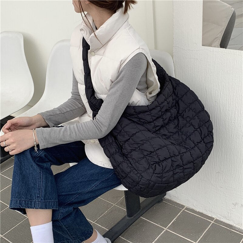 Realaiot Fashion Pleated Women's Shoulder Bag Large Capacity Ladies Casual Tote Travel Handbags Solid Color Plaid Female Crossbody Bags