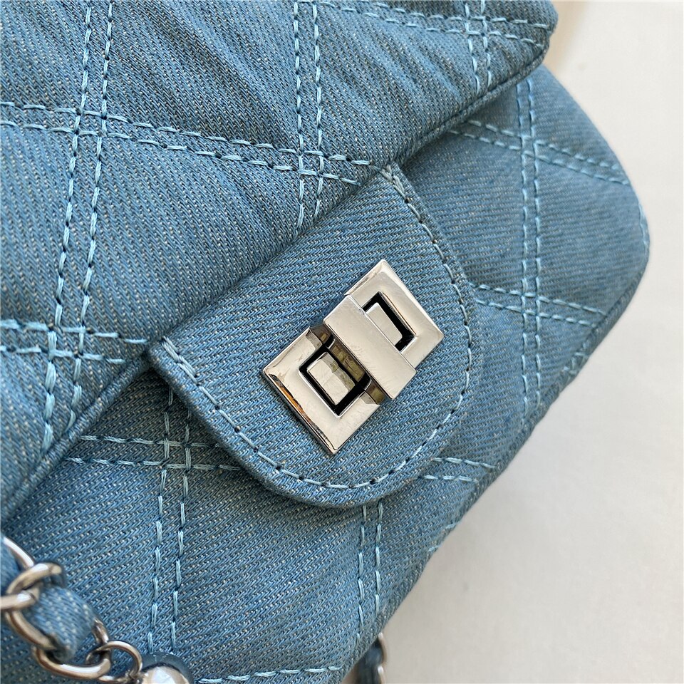 Realaiot Denim Quilted Chain Small Crossbody Shoulder Bags For Women Brand Designer Jean Blue Luxury Ladies Purses And Handbags