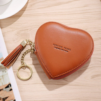 Realaiot Women's Heart Shape Small Coin Wallets PU Leather Zipper Key Ring Tassels Card Holder Mini Purse Cute Portable Female Clutch Bag