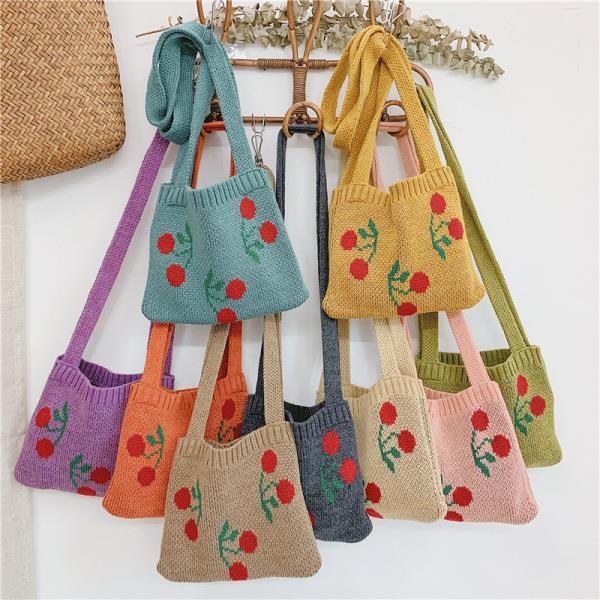 Realaiot Cute Children Knitted Woolen Shoulder Bags Lovely Cherry Plaid Baby Kids Small Purse Handbags Boys Girls Underarm Crossbody Bag