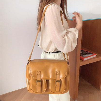 Realaiot Vintage Women Messenger Bag Large Capacity Oil Wax Leather Female Shoulder Bag Ladies Crossbody Bag Casual Big Handbag Yellow