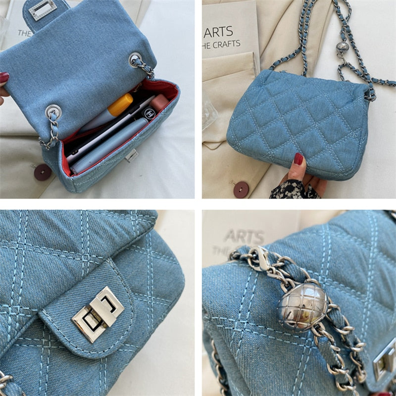 Realaiot Denim Quilted Chain Small Crossbody Shoulder Bags For Women Brand Designer Jean Blue Luxury Ladies Purses And Handbags