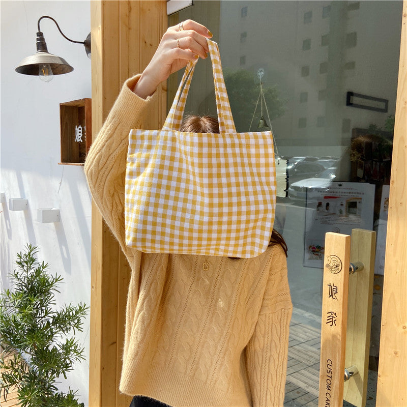 Cyflymder Portable Cotton Women Lunch Bento Bag Vintage Plaid Canvas Ladies Small Handbags Simple Female Cloth Mini Tote Bag Clutch Purse