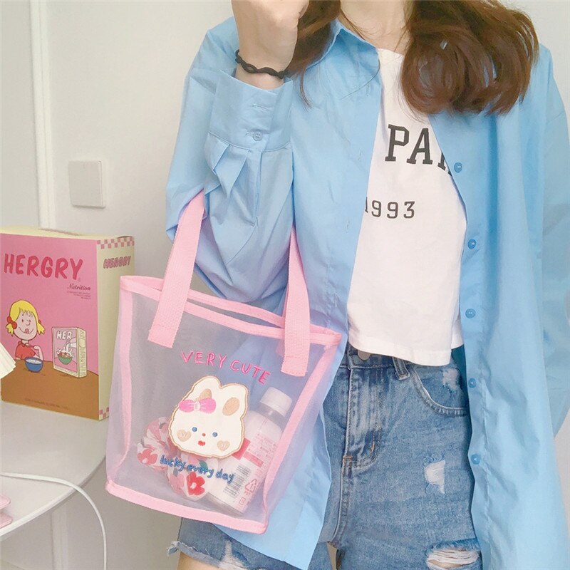 Realaiot Women Korean Bear Rabbit Mesh Handbag Totes Girls Summer Travel Beach Bag Women Shopping Bags Gauze Hand Bags Fashion Tote Bag