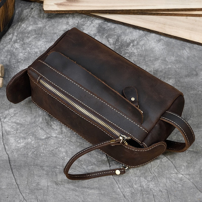 Realaiot Vintage Leather Storage Bag Clutch Bags Men Wash Bag Toiletry kits Crazy Horse Leather Men Clutches