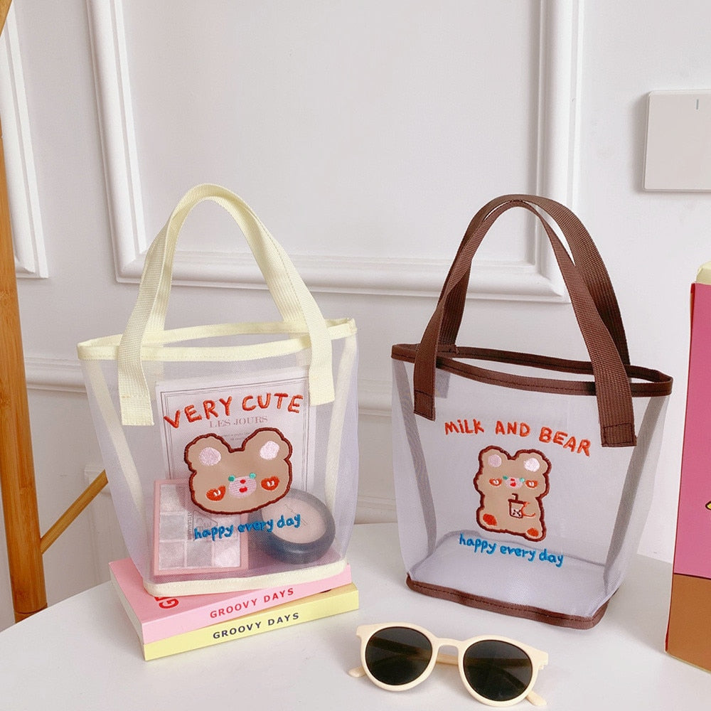 Realaiot Women Korean Bear Rabbit Mesh Handbag Totes Girls Summer Travel Beach Bag Women Shopping Bags Gauze Hand Bags Fashion Tote Bag