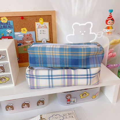 Realaiot Ins Pencil Case Girls Korean Large-capacity Cute Plaid Pencil Case Box School Teenagers Multifunctional Kawaii Stationery Bag