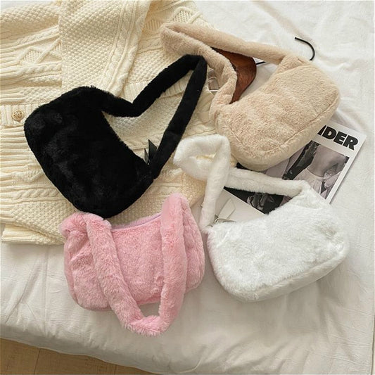 Realaiot Simple Design Women Soft Plush Hobos Shoulder Bags Winter Furry Ladies Clutch Purse Handbag Fashion Female  Underarm Bag