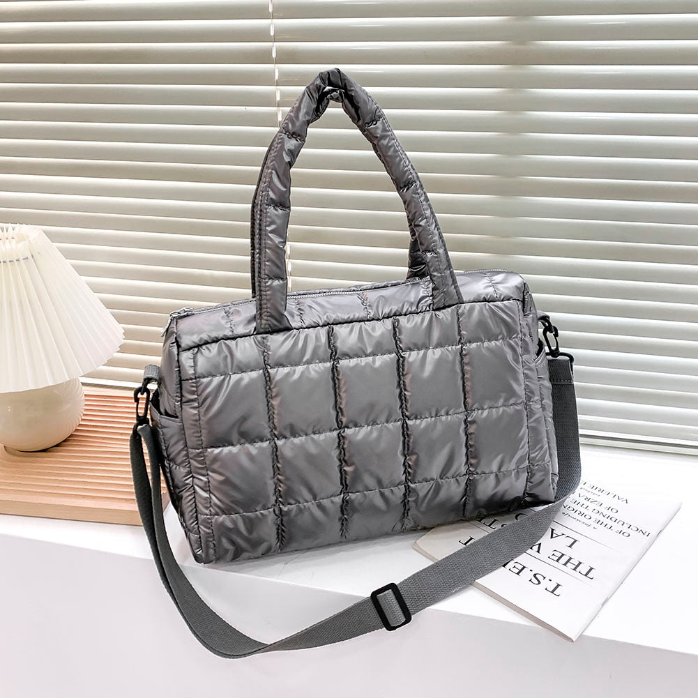 Realaiot Winter Down Bag Quilted Space Cotton Handbags For Women Large Capacity Tote Bags Female Wide Strap Feather Padded Crossbody