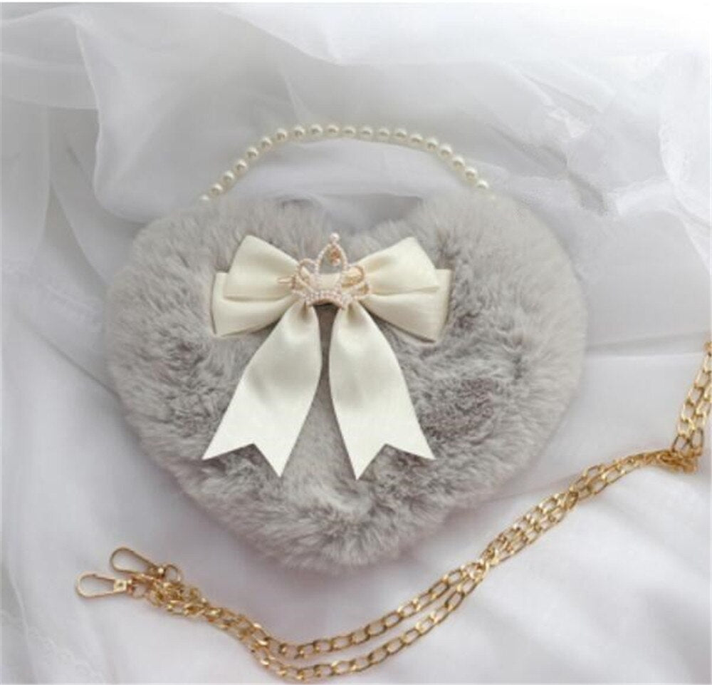 Realaiot Kawaii Heart-shaped Lolita Girl Messenger bag Harajuku Plush Bow JK Uniform Cute Furry Chain Shoulder Bag Handbag