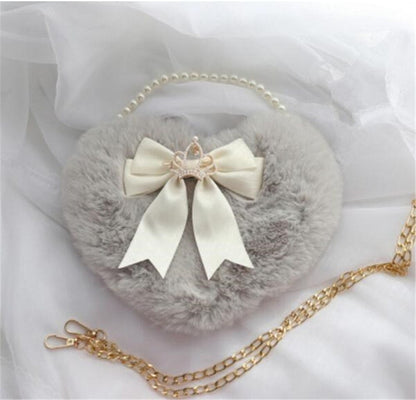 Realaiot Kawaii Heart-shaped Lolita Girl Messenger bag Harajuku Plush Bow JK Uniform Cute Furry Chain Shoulder Bag Handbag