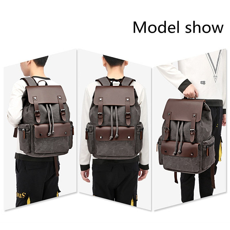 Realaiot Fashion Canvas Backpack Bag Men Large Capacity Suit 17 Inch Laptop Drawstring Leather Cover Travel Rucksack Student Bookbag