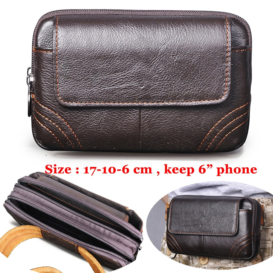 Realaiot Fashion Quality Leather Small Summer Pouch Hook Design Waist Pack Bag Cigarette Case 6" Phone Pouch Waist Belt Bag 1609 Gifts for Men