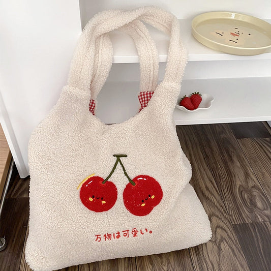 Cyflymder Plush Tote Bag Shopper Handbag for Women Autumn Winter Girls Casual Cute Cherry Embroidery Lmitation Wool Eco Shoulder Bags