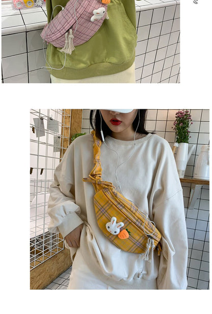 Realaiot Fashion casual Women's waist bag canvas lattice women bag Wild Simple Fresh and lovely female fanny pack yellow