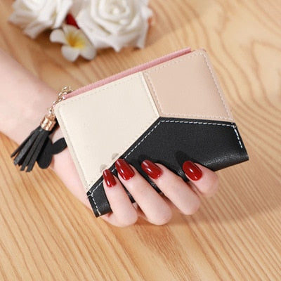 Realaiot Geometric Women Wallets with Zipper Pink Phone Pocket Purse Card Holder Patchwork Women Long Wallet Lady Tassel Short Coin Purse