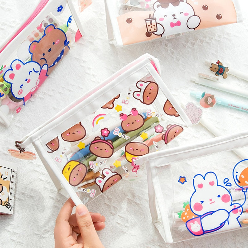 Realaiot Cute Bear Animal Transparent Pencil Case For Office Large Capacity Pencil Bag Material Escolar Kawaii Stationery School Supplies