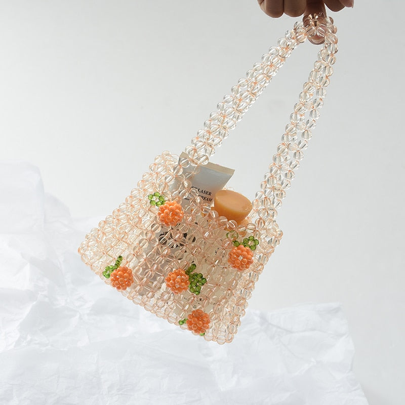 Cyflymder Retro Orange Beaded Bag Clear Crystal Jelly Clutch Bag Girl Beaded Woven Handbag for Woman Handmade Bags Luxury Designer Gifts for Women