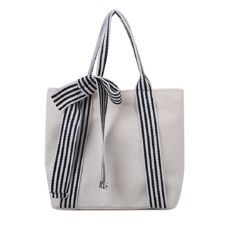 Realaiot Women Shoulder Bags Bow Tote Bag Ladies Designer Large Capacity Canvas Bag Striped Strap Ins Casual Cloth Bags 苤�邾郕訄 �迮郇�郕訄�