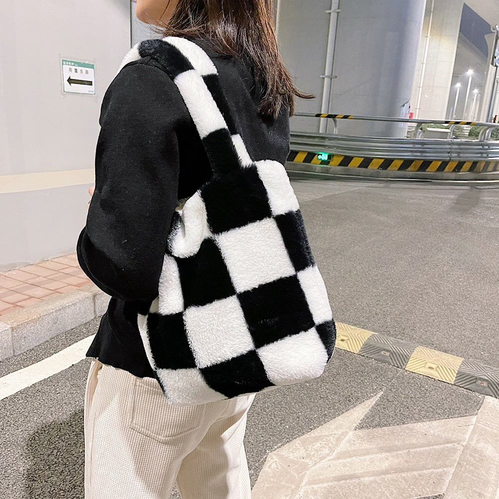 Realaiot Fashion Checkered Print Shoulder Bag Autumn Winter Hit Color INS Fashion Women Plush Bag Handbag Women Tote Bags Shopper bag