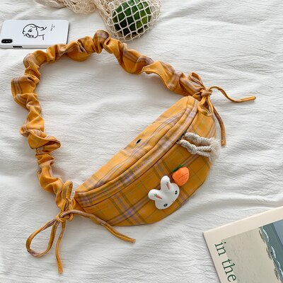 Realaiot Fashion casual Women's waist bag canvas lattice women bag Wild Simple Fresh and lovely female fanny pack yellow