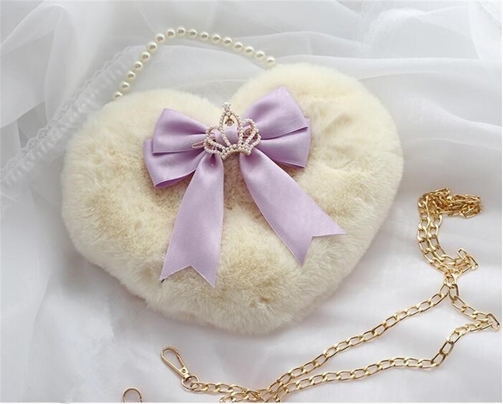 Realaiot Kawaii Heart-shaped Lolita Girl Messenger bag Harajuku Plush Bow JK Uniform Cute Furry Chain Shoulder Bag Handbag