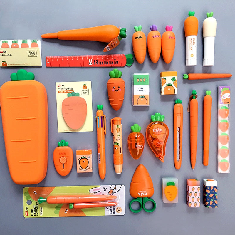 Realaiot Creative Carrot Series Silicone Soft Pencil Case Penholder Organizer Bag Kawaii Stationery Set Kids Birthday Gift