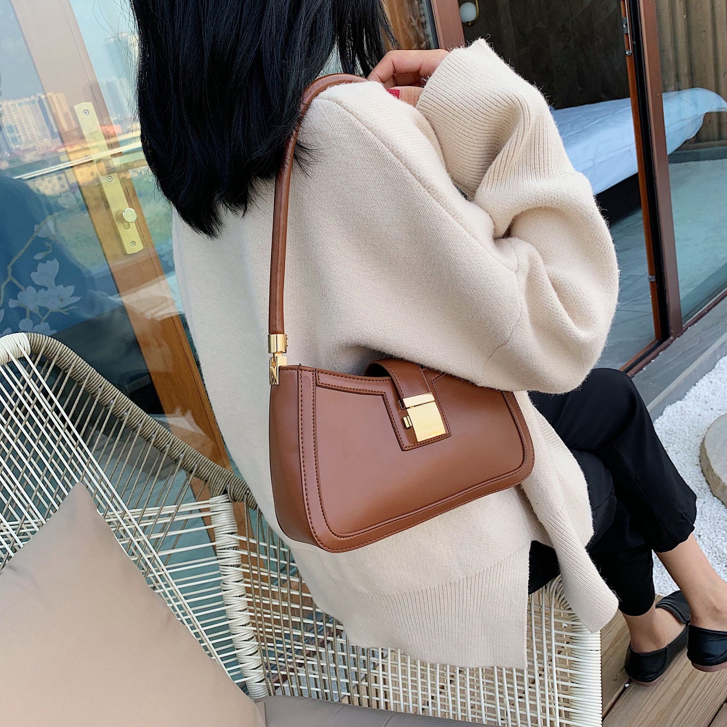 Realaiot Solid Color PU Leather Shoulder Bags For Women hit Lock Handbags Small Travel Hand Bag Lady Fashion Bags