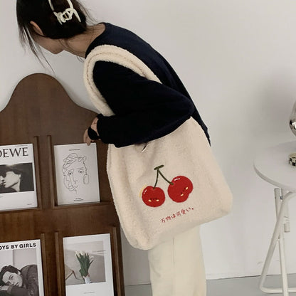 Cyflymder Plush Tote Bag Shopper Handbag for Women Autumn Winter Girls Casual Cute Cherry Embroidery Lmitation Wool Eco Shoulder Bags