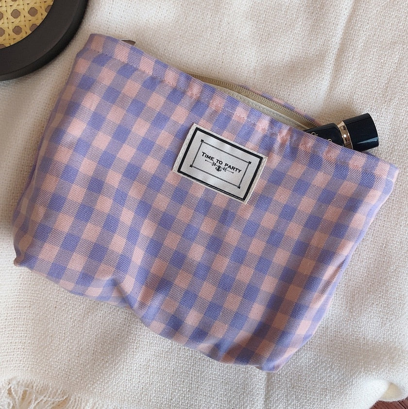 Realaiot Korean Plaid Cosmetic Makeup Bag For Women Cosmetics Organizer Pouch Large Woman Travel Toiletry Kit Bags Beauty Pencil Pen Case