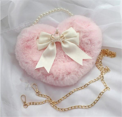 Realaiot Kawaii Heart-shaped Lolita Girl Messenger bag Harajuku Plush Bow JK Uniform Cute Furry Chain Shoulder Bag Handbag