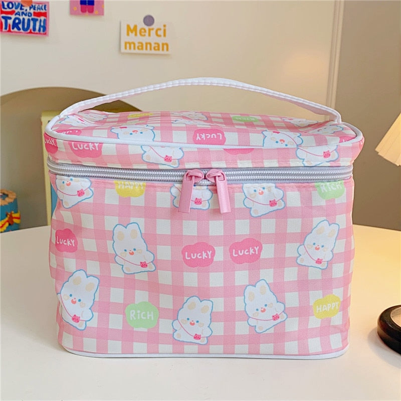 Cyflymder New Women Travel Cosmetic Makeup Bags Case Korean Bear Rabbit Plaid Toiletries Organizer Females Make up Storage Bag Pouch