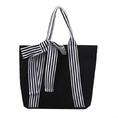 Realaiot Women Shoulder Bags Bow Tote Bag Ladies Designer Large Capacity Canvas Bag Striped Strap Ins Casual Cloth Bags 苤�邾郕訄 �迮郇�郕訄�