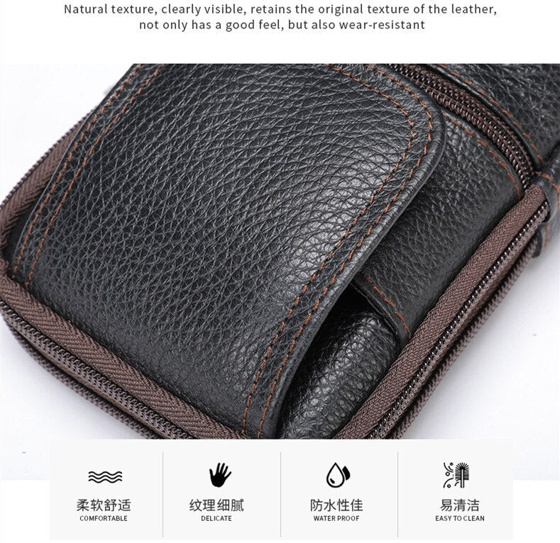 Cyflymder Men's Genuine Leather Mobile Phone Bag Belt Pockets Fanny Packs Mini Waist Bag for Men Crossbody Cell Phone Money Male Bag