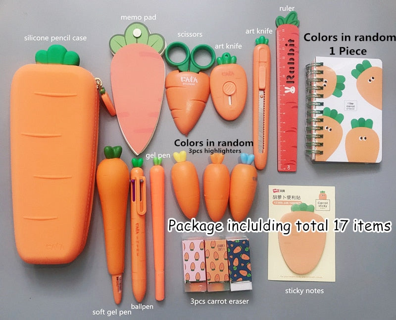 Realaiot Creative Carrot Series Silicone Soft Pencil Case Penholder Organizer Bag Kawaii Stationery Set Kids Birthday Gift